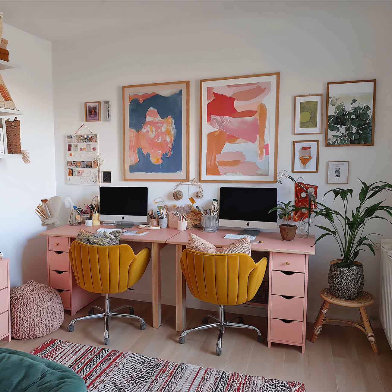 Zwei nebeneinanderliegende Schreibtische für Geschwister im Kinderzimmer mit Stauraum und Wanddeko