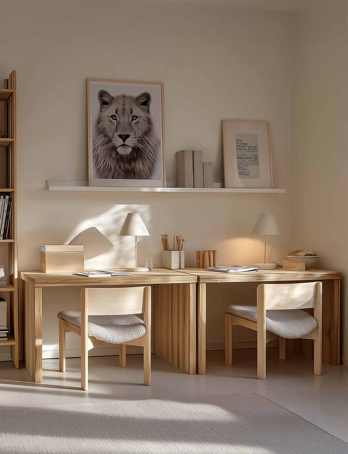 Zwei schlichte Schreibtische aus Holz für Geschwister im Kinderzimmer mit neutraler Gestaltung