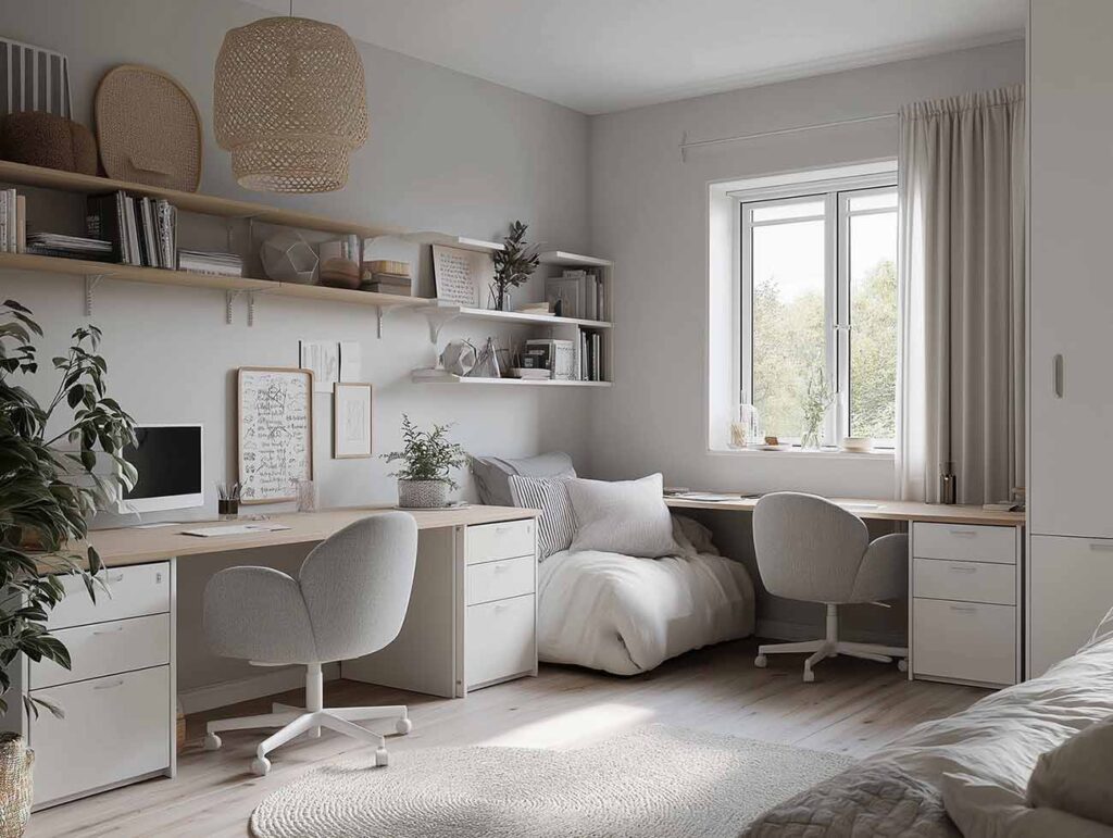 Arbeitsbereich für zwei Kinder mit Schreibtischen, Regalen und ruhiger Farbgestaltung