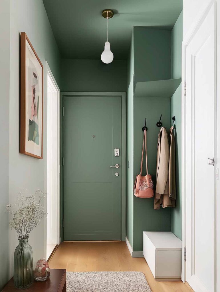 Ein kleiner Eingangsbereich in gedecktem Grün mit passender Haustür, offenen Wandhaken und einer schlichten Sitzbank. Ein Bild an der Wand und eine einzelne Pendelleuchte runden das ruhige Gesamtbild ab.