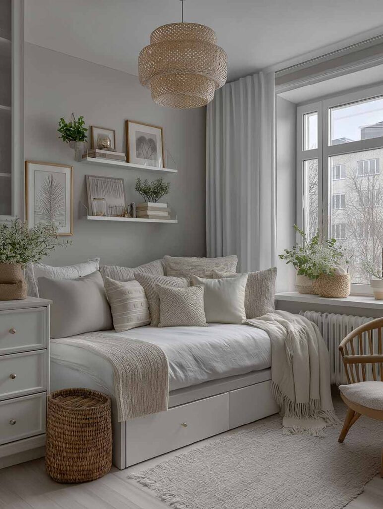 Ein helles Schlafzimmer mit Daybed, vielen Kissen und weißen Regalen über dem Bett. Zarte Texturen, neutrale Farben und Pflanzen schaffen eine weiche, ruhige Atmosphäre.