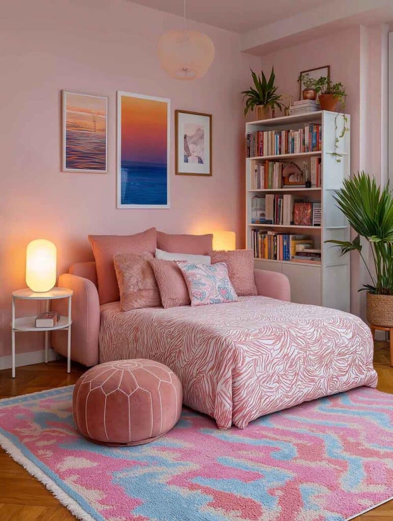 Ein Wohnbereich in Rosatönen mit einem geöffneten Schlafsofa, farblich abgestimmten Kissen und einem Bücherregal voller Pflanzen und Deko. Drei große Wandbilder und ein bunter Teppich ergänzen die harmonische Szenerie.
