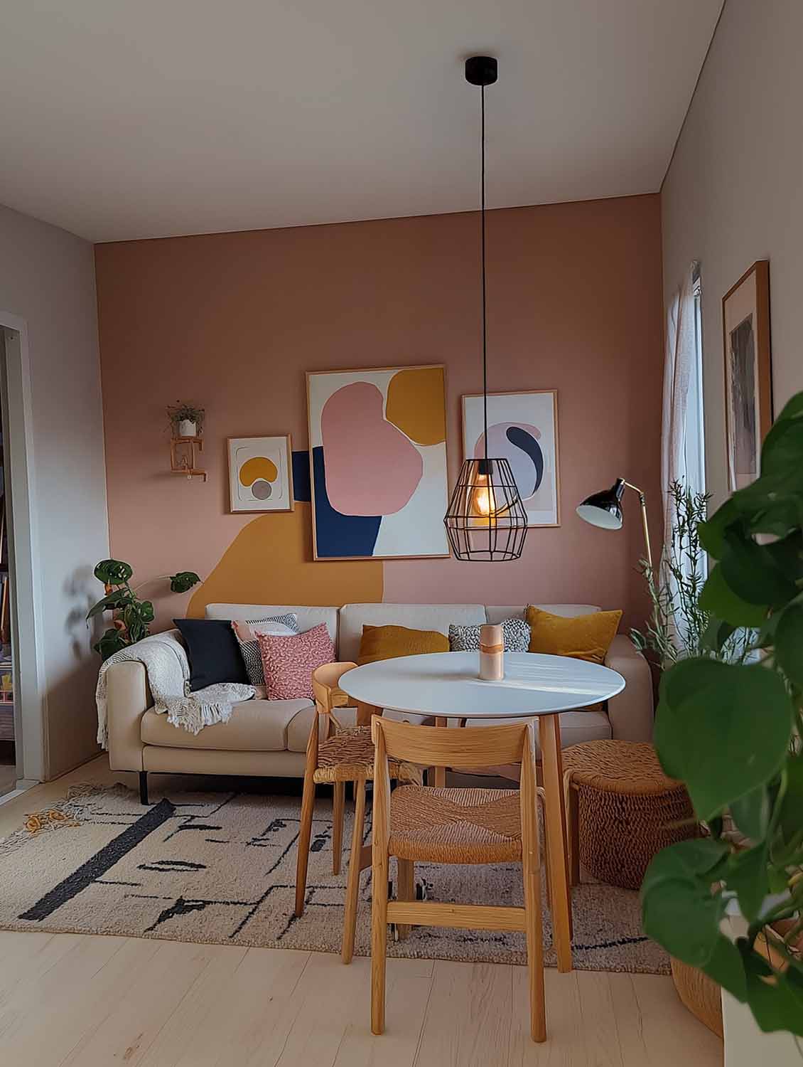 Ein kleiner Wohn-Essbereich mit hellem Sofa, rundem Esstisch und warmen Wandfarben in Rosé und Ocker. Abstrakte Bilder, natürliche Materialien und weiche Textilien schaffen ein gemütliches Gesamtbild.