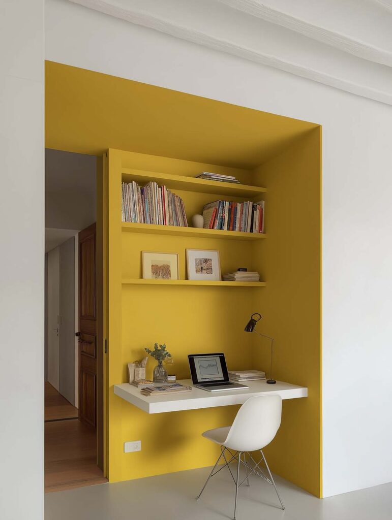 Ein kompakter Arbeitsplatz in einer gelben Wandnische mit Wandregalen und einer weißen, schwebenden Tischplatte. Ein Stuhl und wenige Dekoobjekte sorgen für ein aufgeräumtes, helles Gesamtbild.