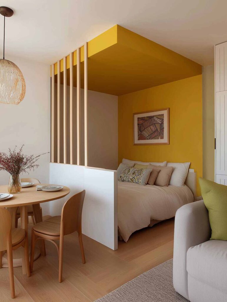 Ein kleines Schlafzimmer in einer gelb abgesetzten Nische, die durch Holzlamellen vom Wohnraum getrennt ist. Das Bett wirkt eingebettet und harmoniert mit den warmen Holz- und Pastelltönen des Raums.