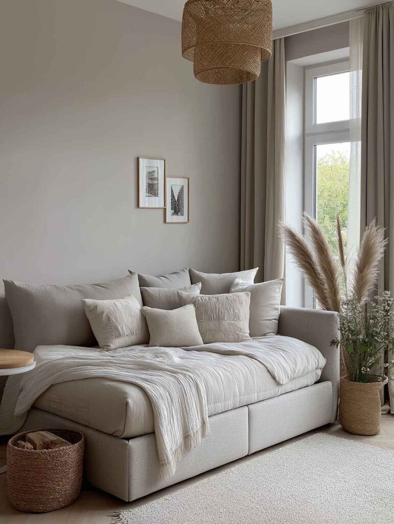 Ein gemütlicher Wohnraum in sanften Naturtönen mit einem Daybed, vielen Kissen und einer großen Fensterfront mit hellen Vorhängen. Rattan-Elemente und Texturen sorgen für ein ruhiges, weiches Gesamtbild.