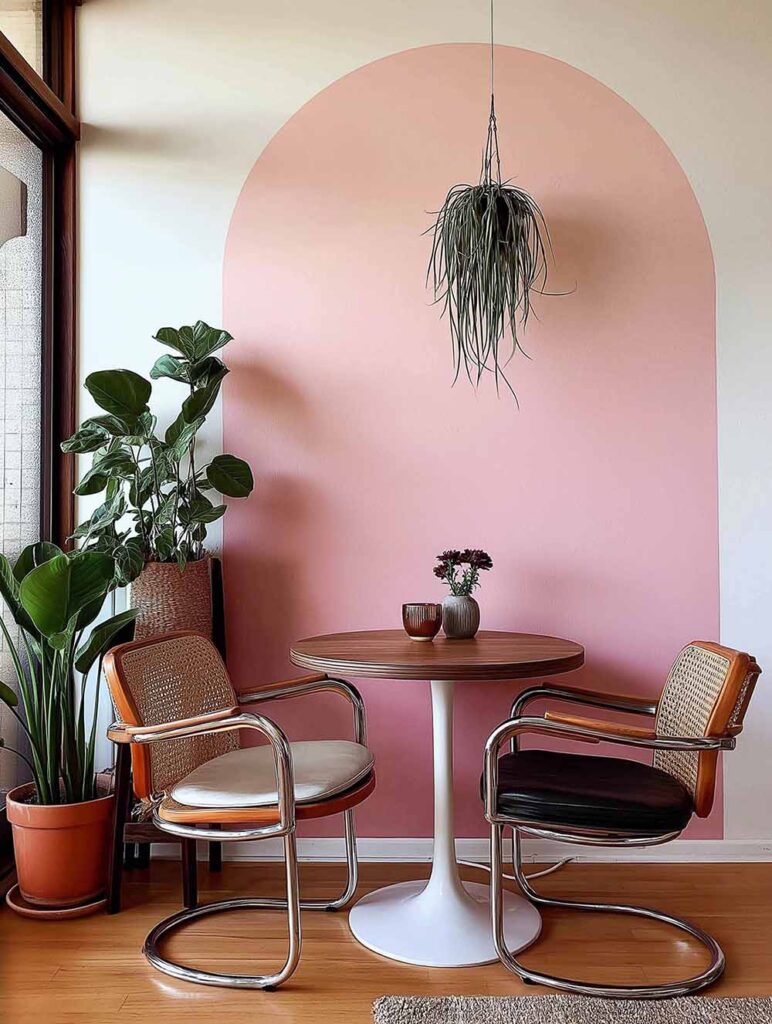 Ein kleiner Essbereich mit rundem Tisch vor einer rosafarbenen Wand in Bogenform. Zwei Stühle im Retro-Stil und Pflanzen ergänzen das harmonische Setting.