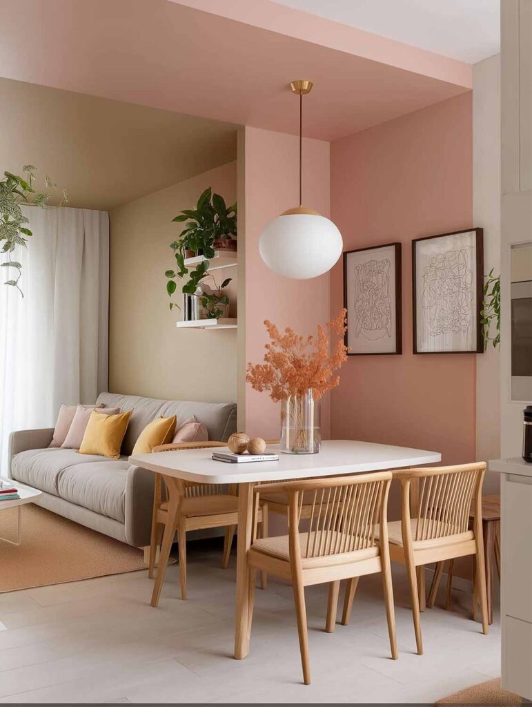 Ein Essbereich mit rosafarbenen Wänden und heller Decke, der an einen Wohnbereich mit Sofa anschließt. Helle Holzmöbel und warme Farbakzente schaffen eine freundliche Atmosphäre.