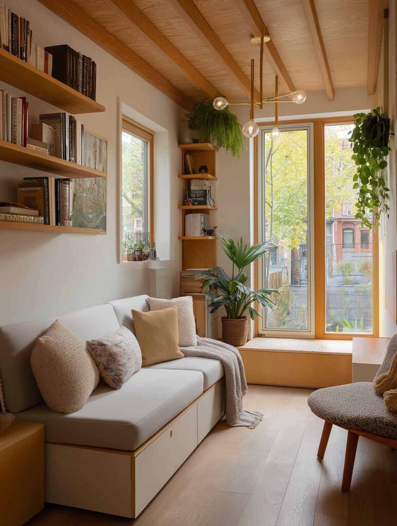 Ein schmaler Wohnraum mit weißem Sofa, Holzregalen und vielen Pflanzen. Ein großes Fenster bringt viel Tageslicht in den gemütlichen, warmen Raum.