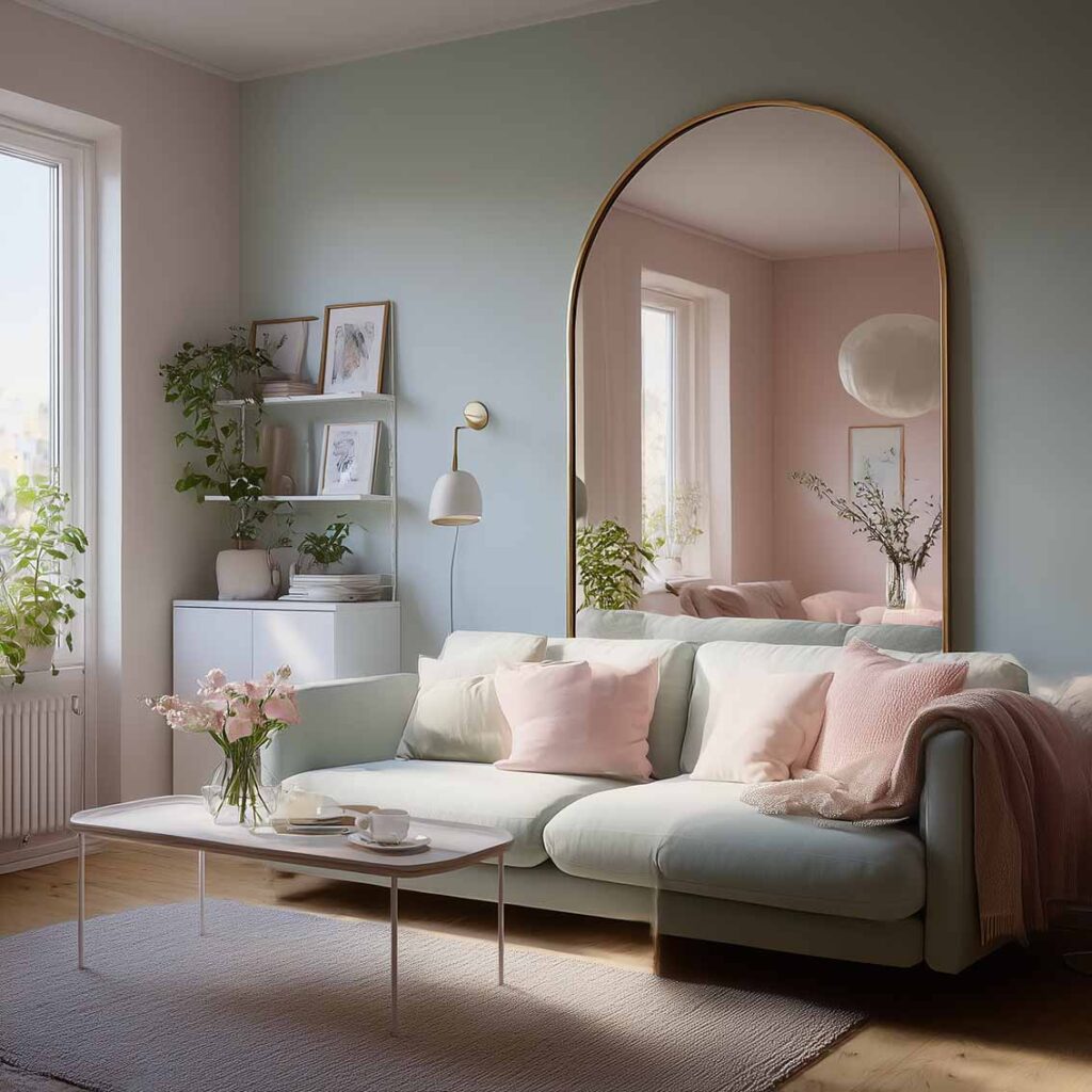 Ein Wohnbereich mit Sofa in Pastelltönen und einem großen, bogenförmigen Wandspiegel. Der Spiegel reflektiert ein angrenzendes Zimmer mit Fenster und Pflanzen.