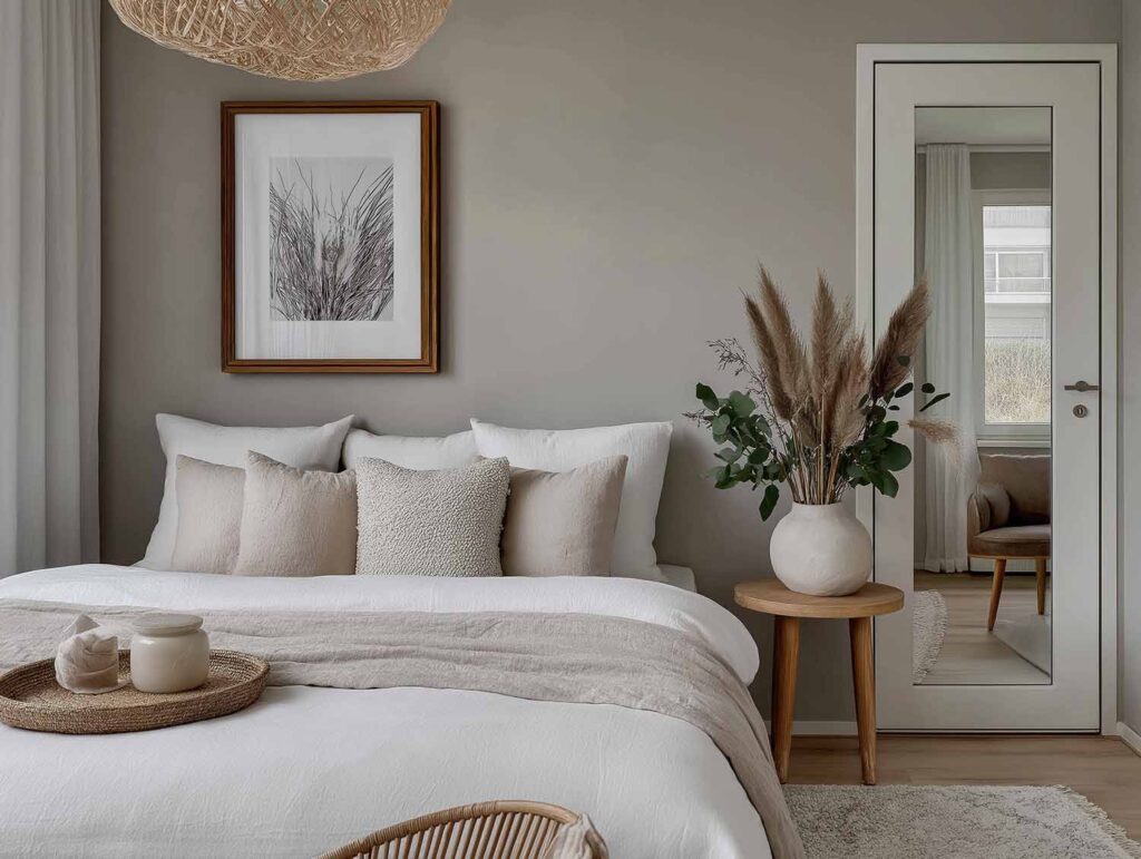 Ein ruhiges Schlafzimmer in Naturtönen mit gepolstertem Bett, mehreren Kissen und einem runden Beistelltisch mit Vase. Ein hoher Spiegel an der Tür reflektiert den angrenzenden Raum und lässt das Schlafzimmer größer wirken.