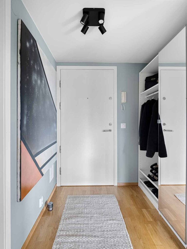 Schmaler Flur mit weißer Wohnungstür, Garderobenschrank mit Spiegel, Holzfußboden und grauem Läufer