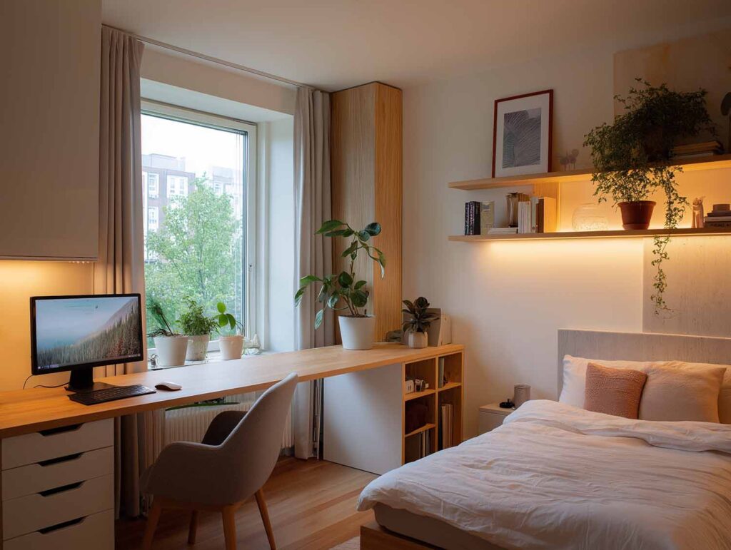 Homeoffice im Schlafzimmer mit Schreibtischplatte entlang der Fensterseite und Bett im gleichen Raum