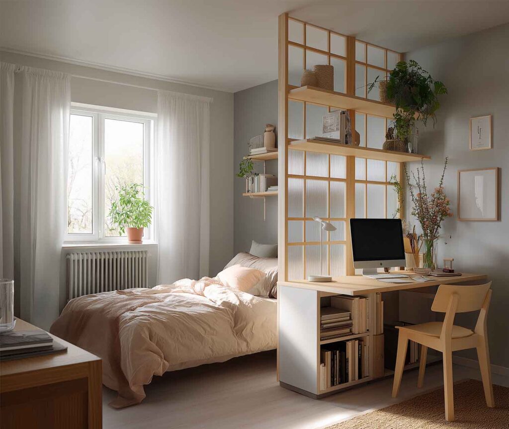 Schlafzimmer mit Arbeitsplatz und offenem Regal als Raumteiler zwischen Bett und Schreibtisch aus hellem Holz