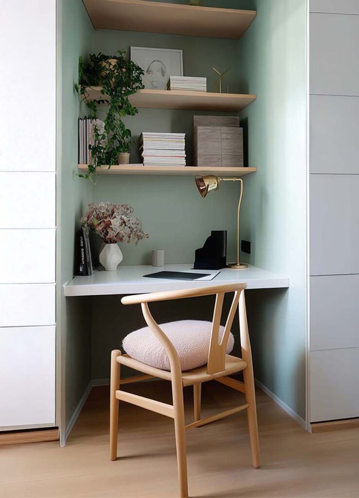 In Nische Integrierter Arbeitsplatz im Schlafzimmer, Regalflächen über dem Schreibtisch