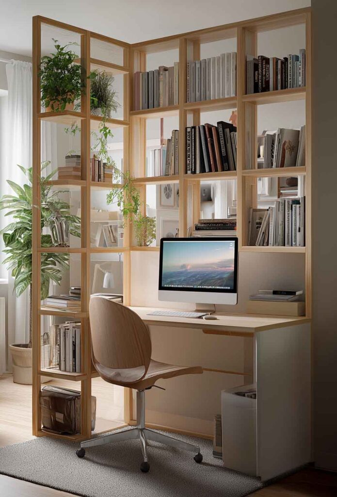 Schreibtisch im Schlafzimmer mit offenem Regalsystem als Raumteiler und Arbeitsplatz hinter dem Bett