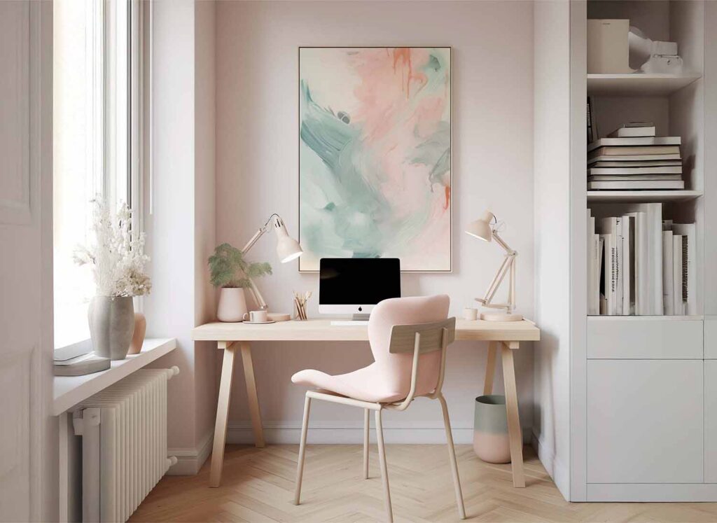 Heller Holzschreibtisch mit Monitor vor roséfarbener Wand und großem abstrakten Gemälde in sanften Farbtönen