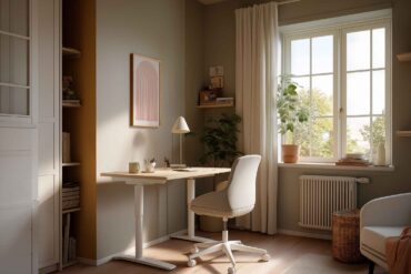 Heller Schreibtisch mit Bürostuhl, Fensterlicht und ruhiger Farbgestaltung für kleine Wohnungen