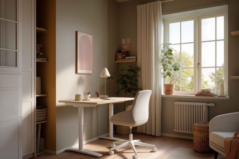 Heller Schreibtisch mit Bürostuhl, Fensterlicht und ruhiger Farbgestaltung für kleine Wohnungen