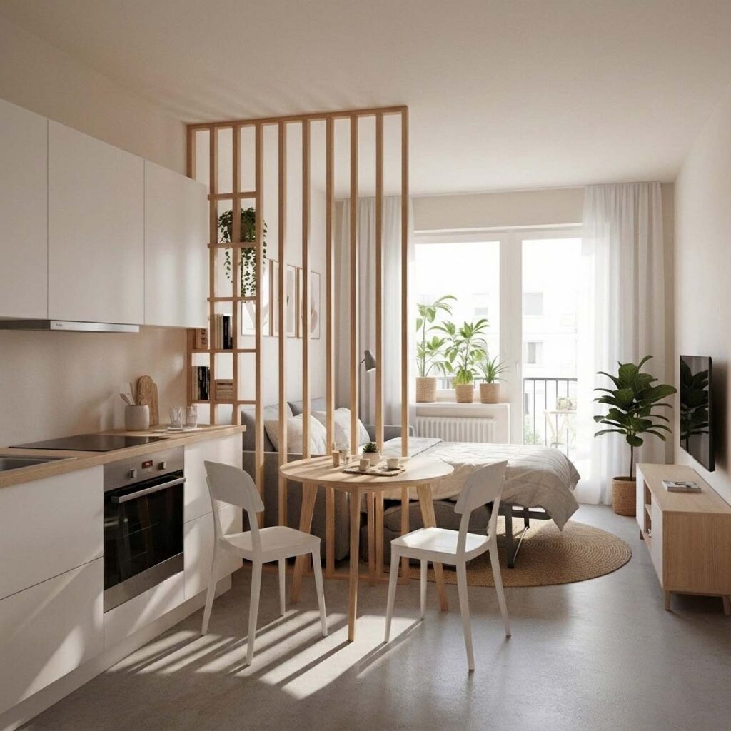 Studio-Apartment mit offener Küche, Essplatz und Bettbereich, getrennt durch Holzlamellen als Raumteiler