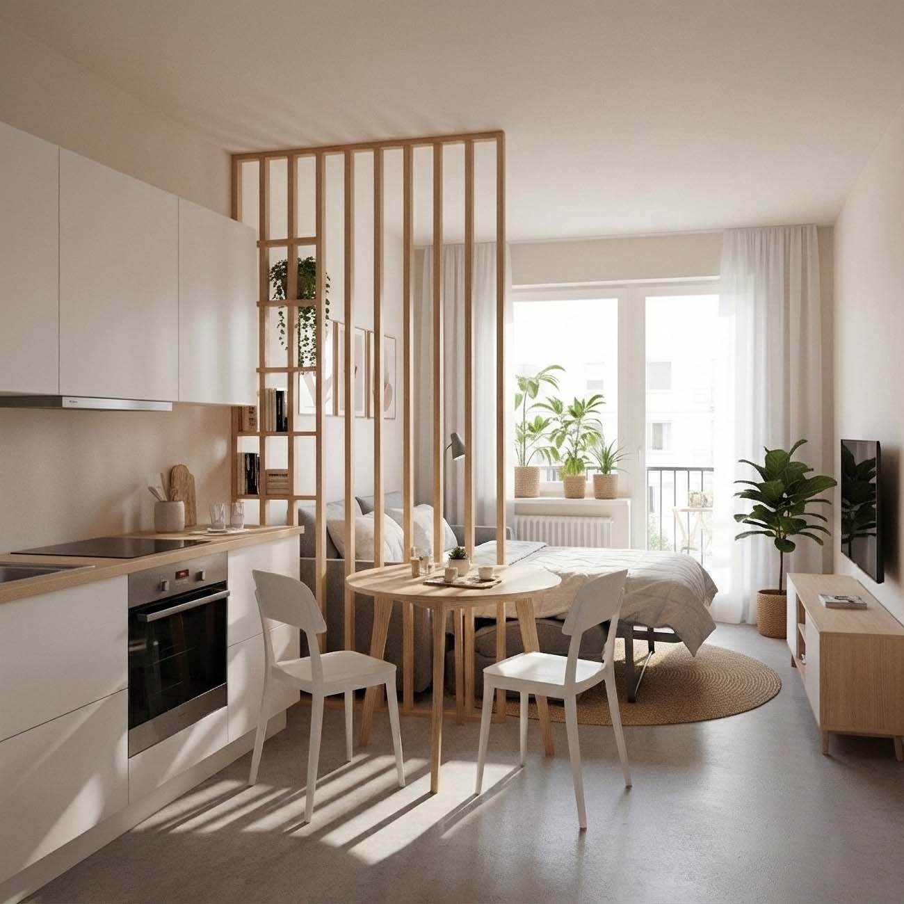 Studio-Apartment mit offener Küche, Essplatz und Bettbereich, getrennt durch Holzlamellen als Raumteiler