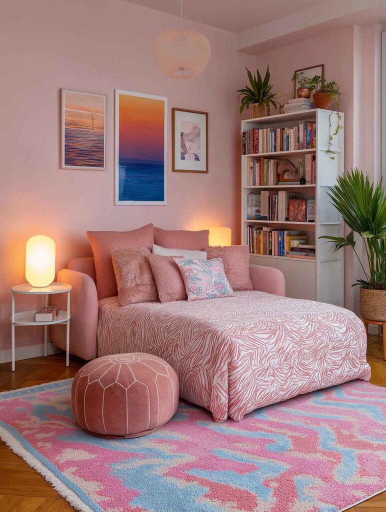 Schlafbereich im Studio Apartment mit Schlafsofa, Bücherregal und farbigem Teppich