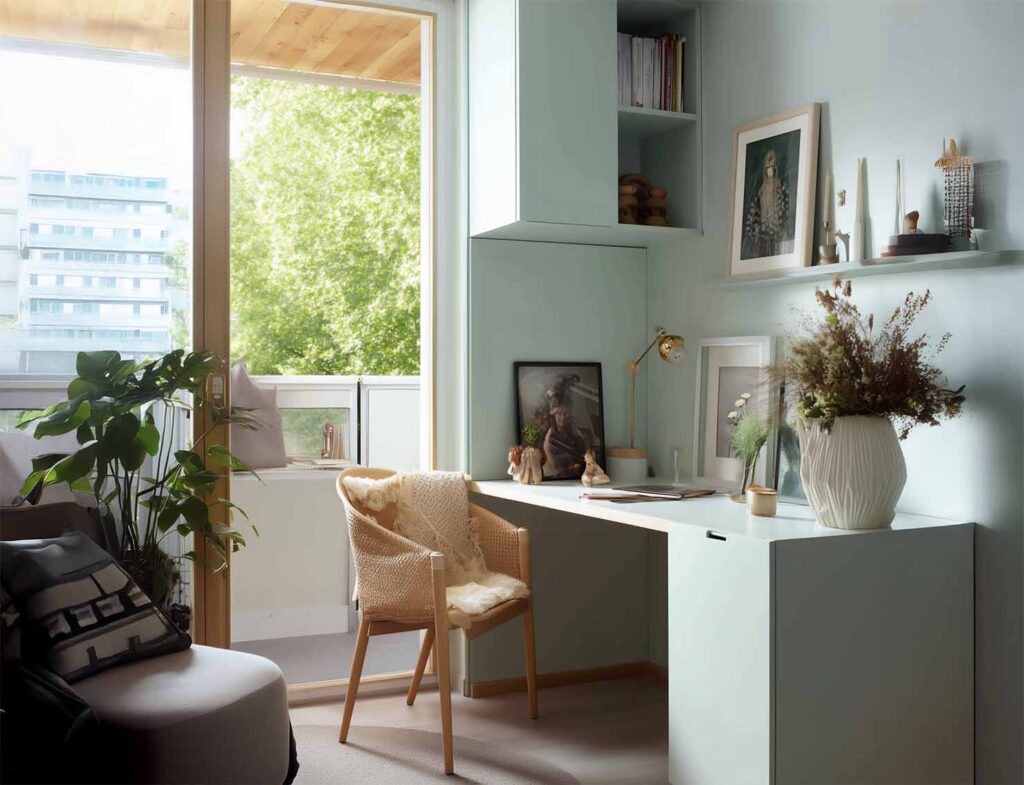 Homeoffice Ecke mit Schreibtisch, Stauraum und Fensterlicht