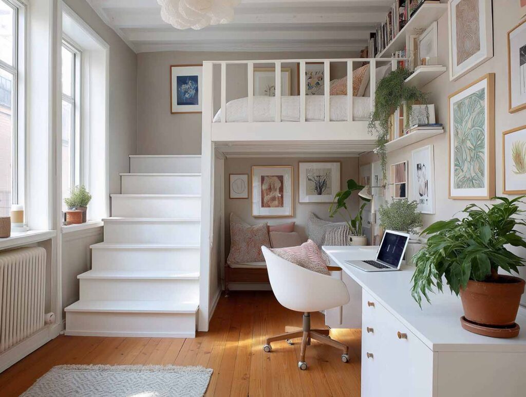 Studio Apartment mit Hochbett, integrierter Treppe, Homeoffice Arbeitsplatz und Regalwand