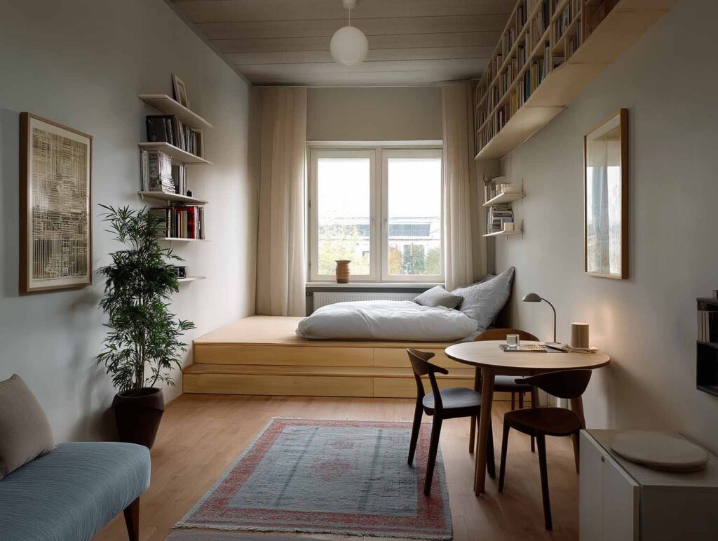 Einraumapartment mit Podestbett, Esstisch, Wandregalen und ruhigem Farbkonzept