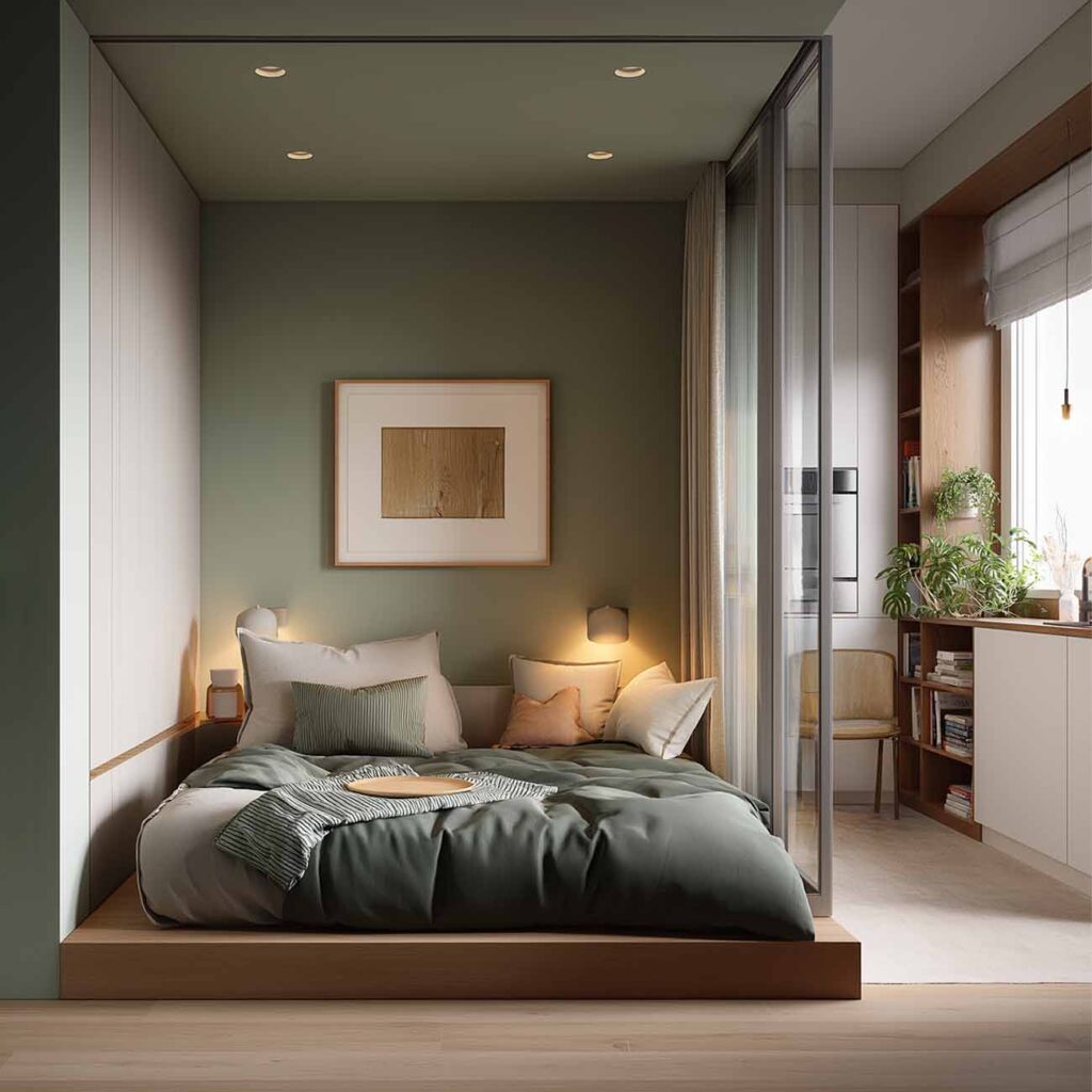 Bettkoje im Studio Apartment mit grüner Wandfarbe, Vorhang und angrenzender Küche