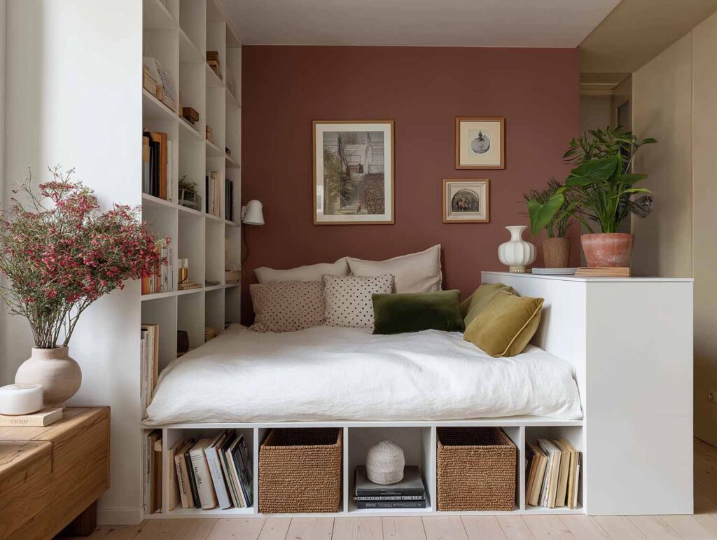 Schlafzone im Studio Apartment mit Podestbett, Regal als Raumteiler und farbiger Akzentwand