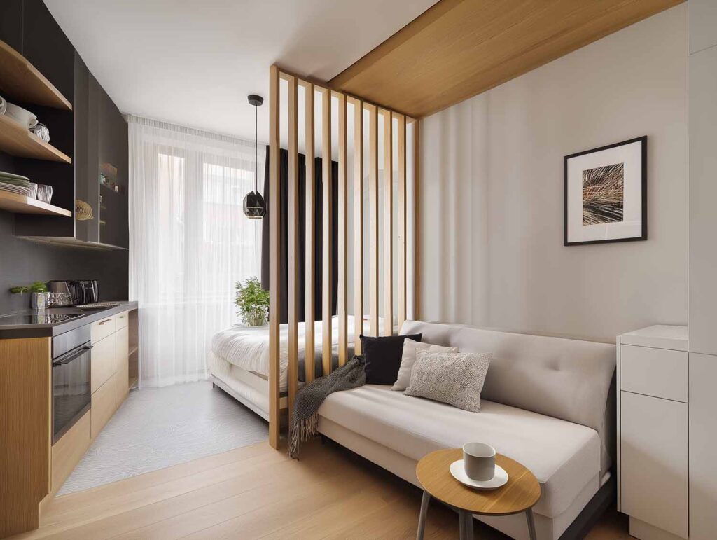 Einraumapartment mit Sofa, Küche und Bettzone, getrennt durch vertikale Holzstreben