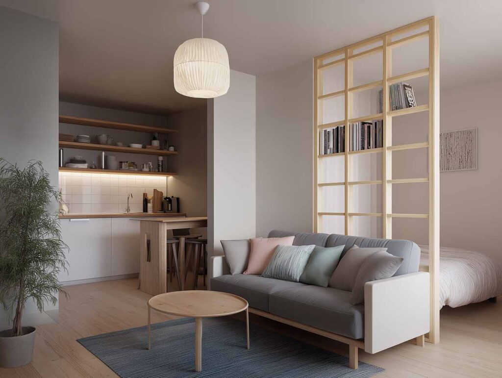 Studio-Apartment mit Küchenzeile, Wohnbereich und offenem Regal als Raumteiler