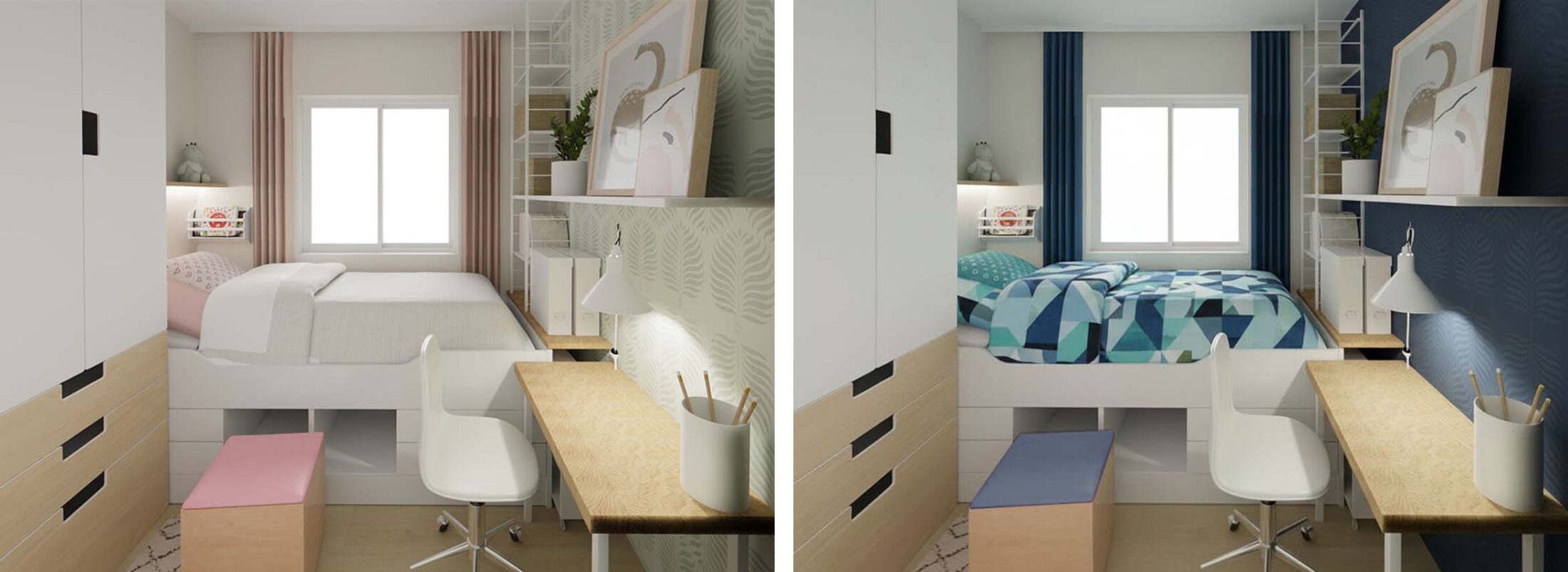 Zwei Farbvarianten für ein 4 m² Kinderzimmer einrichten mit Bett, Schreibtisch und Stauraum