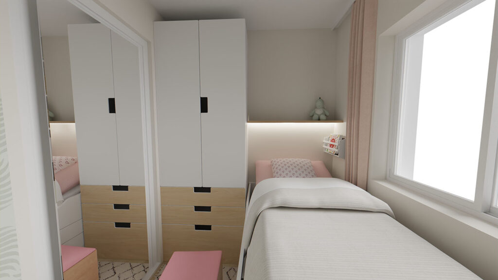 Schmales 4 m² Kinderzimmer mit Bett am Fenster, hohem Schrank und Spiegel an der Tür