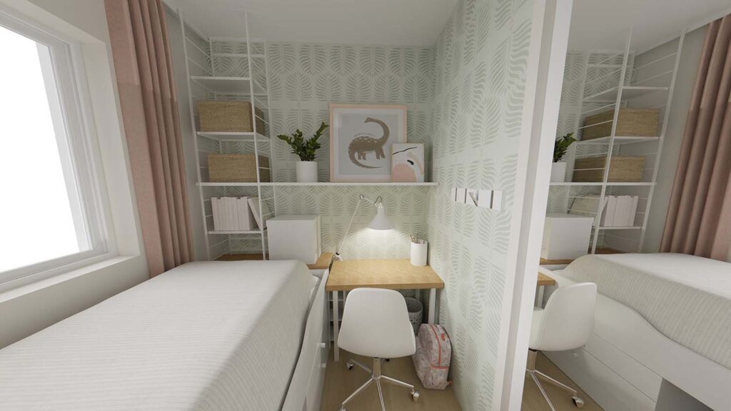 Kleiner Schreibtisch im 4 m² Kinderzimmer mit Regalwand und Spiegel für mehr Raumgefühl