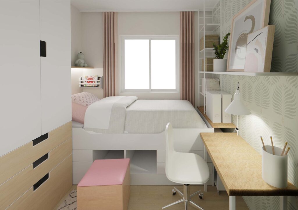 4 m² Mini-Kinderzimmer mit Bett unter dem Fenster und geschlossenem Schrank