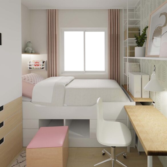 4 m² Mini-Kinderzimmer mit Bett unter dem Fenster und geschlossenem Schrank