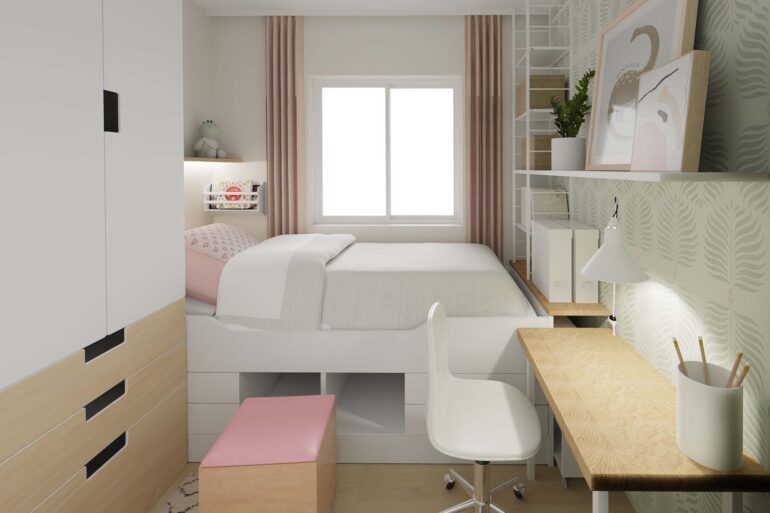 4 m² Mini-Kinderzimmer mit Bett unter dem Fenster und geschlossenem Schrank