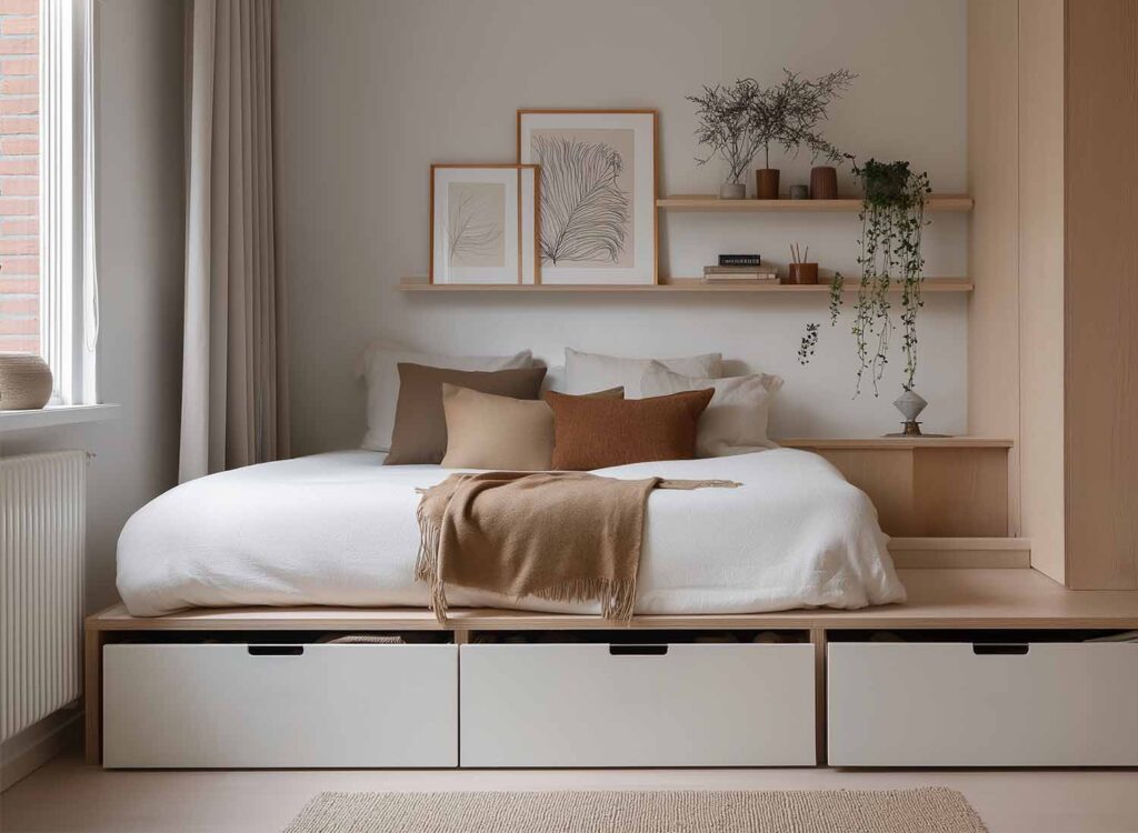 Plattformbett mit integrierten Schubladen und Wandregalen für Stauraum im Schlafzimmer