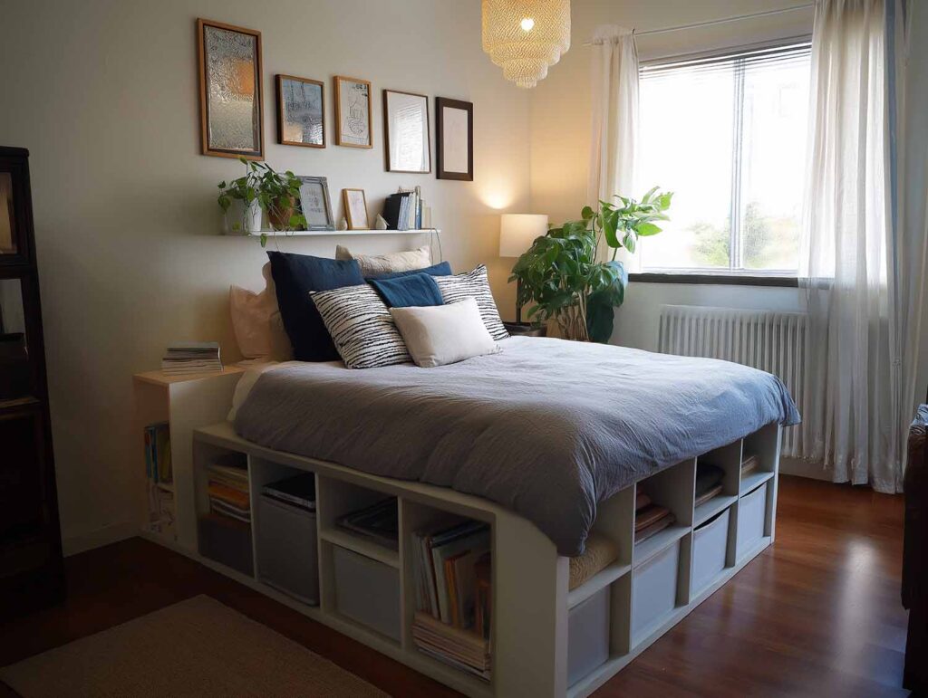 Hohes Bett mit offenen Regalfächern unter der Liegefläche und integrierter Bücheraufbewahrung