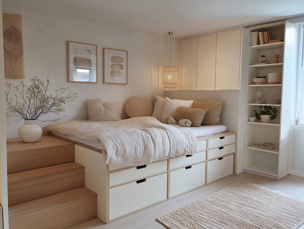Podestbett mit mehreren Schubladen und Treppe in einem hellen Schlafzimmer