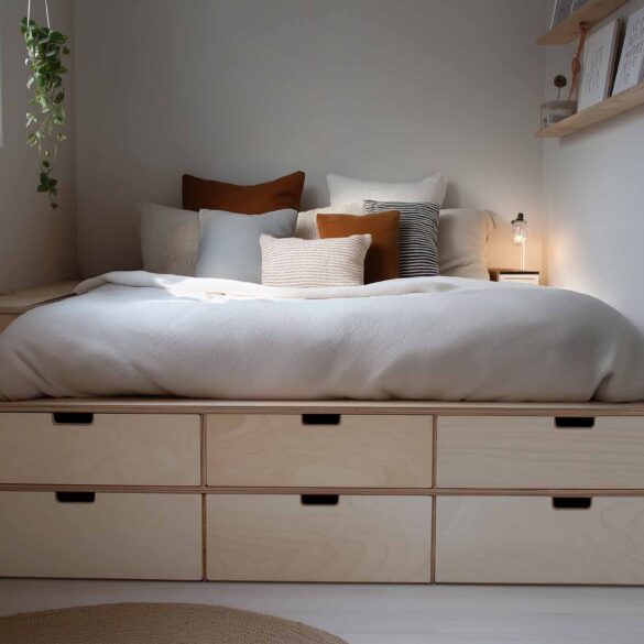 Holzbett mit mehreren Schubladen unter der Liegefläche und Wandregal im Boho