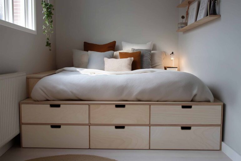 Holzbett mit mehreren Schubladen unter der Liegefläche und Wandregal im Boho