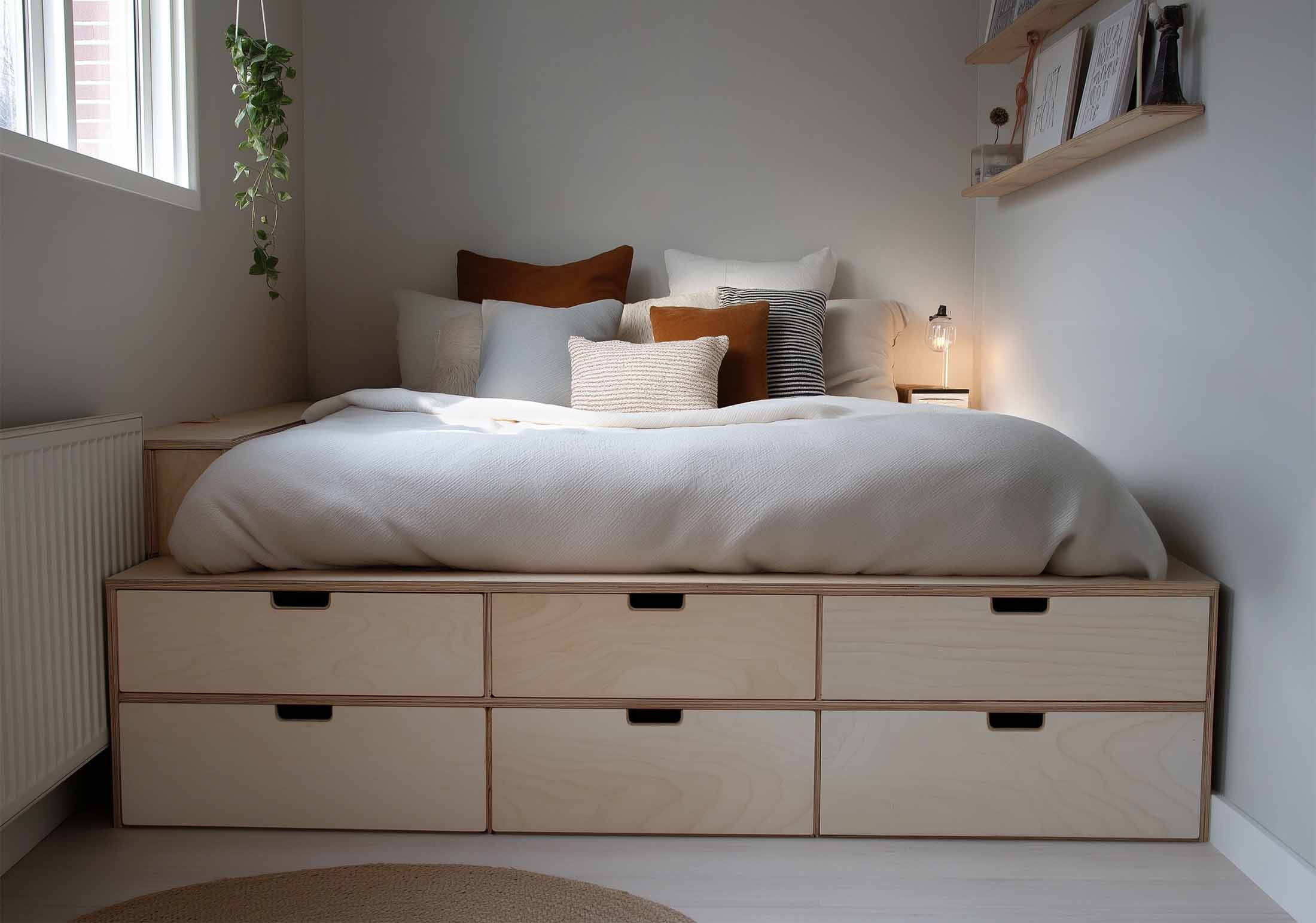 Holzbett mit mehreren Schubladen unter der Liegefläche und Wandregal im Boho