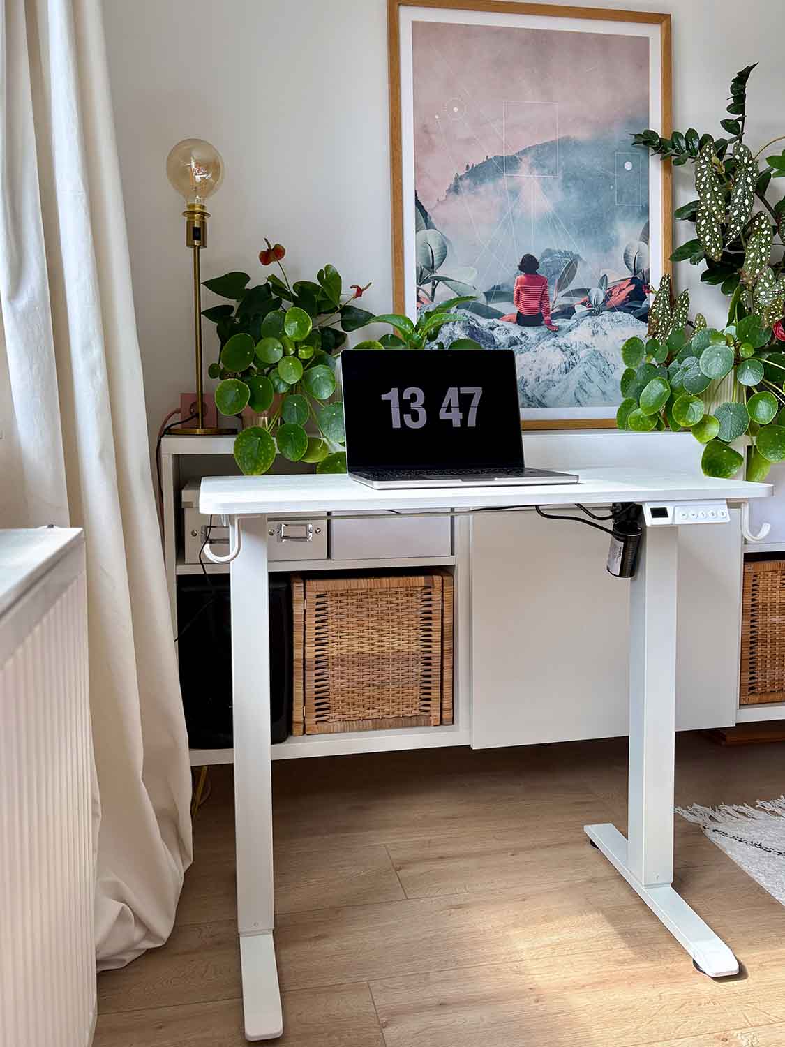 Klassischer kleiner Schreibtisch mit zwei Beinen vor Regal mit Pflanzen und Laptop im Homeoffice
