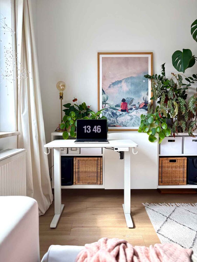 Kleiner höhenverstellbarer Schreibtisch im Wohnzimmer vor Regal mit Körben und vielen Pflanzen