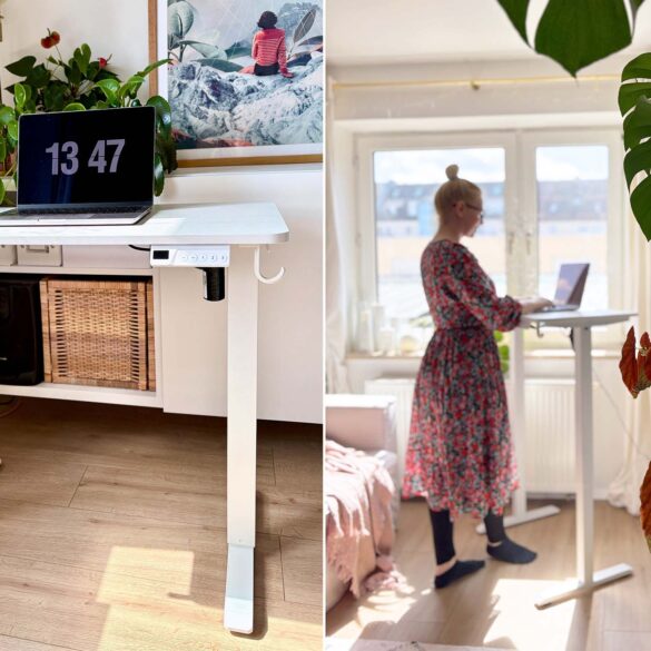 Person arbeitet im Stehen am kleinen höhenverstellbaren Schreibtisch am Fenster im Wohnzimmer