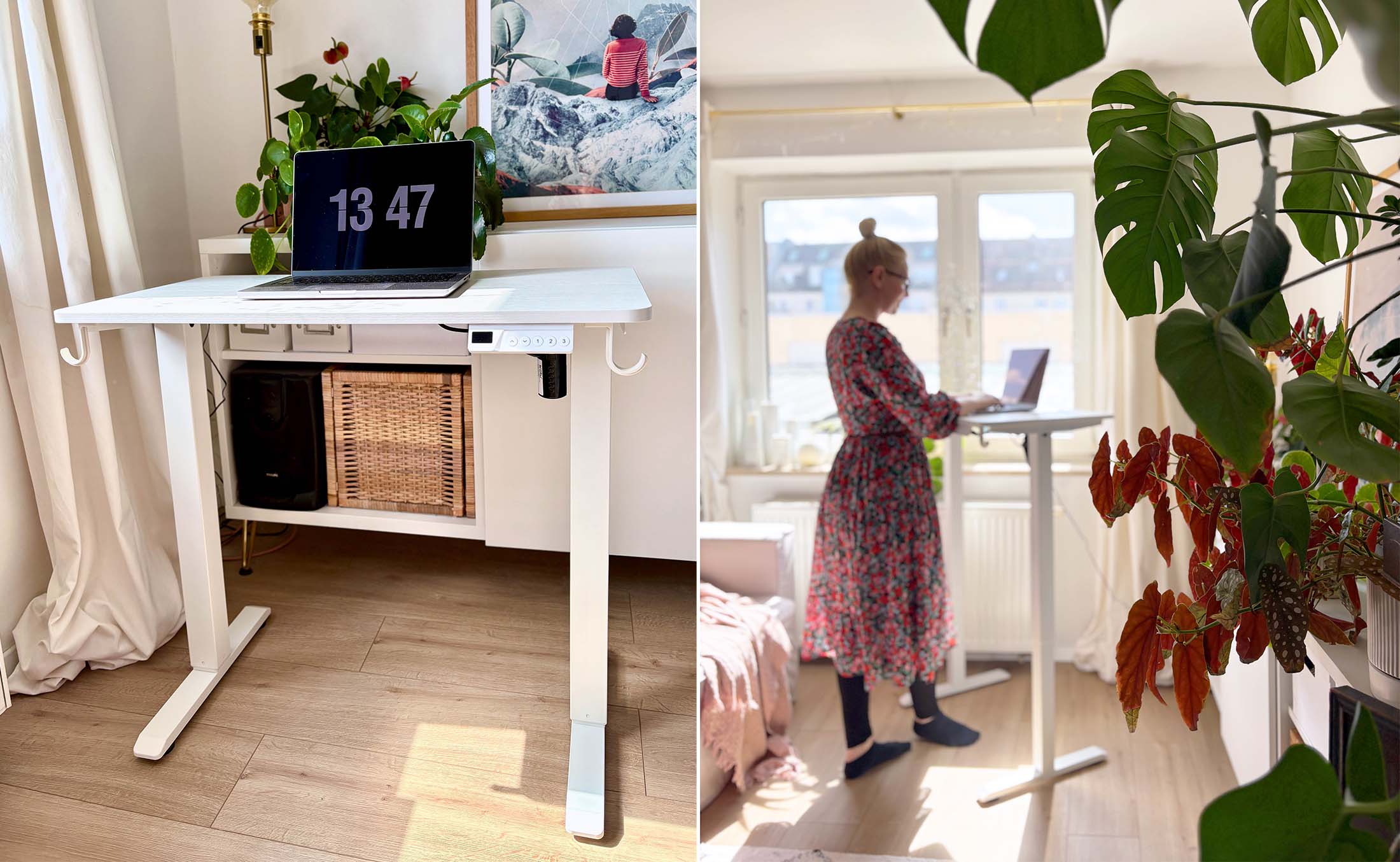 Person arbeitet im Stehen am kleinen höhenverstellbaren Schreibtisch am Fenster im Wohnzimmer